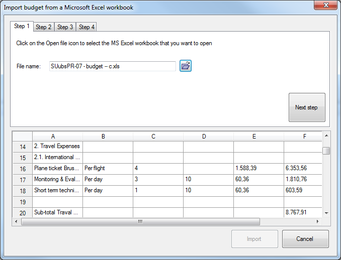 Import budget from Excel - step 1