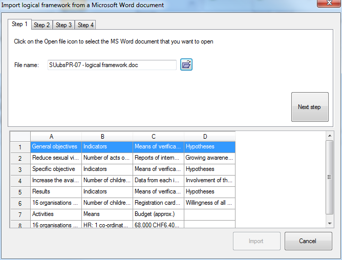 Import logframe from Word - step 1