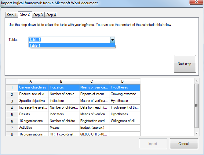 Import logframe from Word - step 2