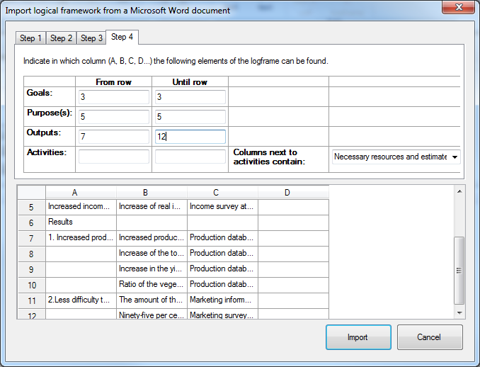 Import logframe from Word - step 4