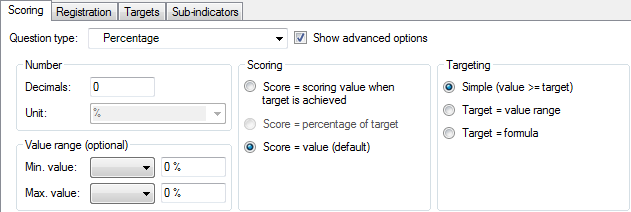 Example of the Scoring options of a Percentage-type indicator