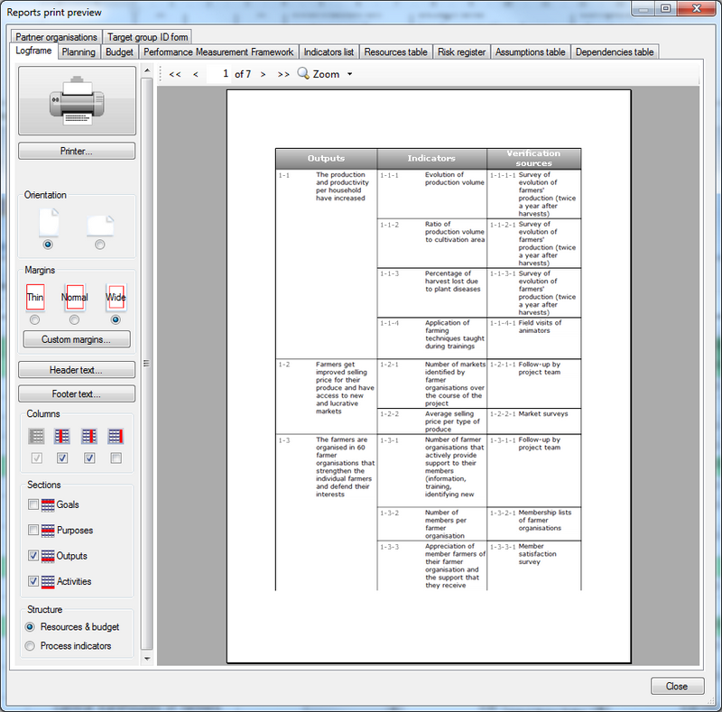 Print preview dialogue showing the logical framework