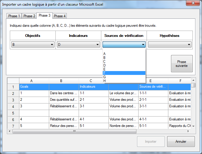 Importation d'un cadre logique de Microsoft Excel