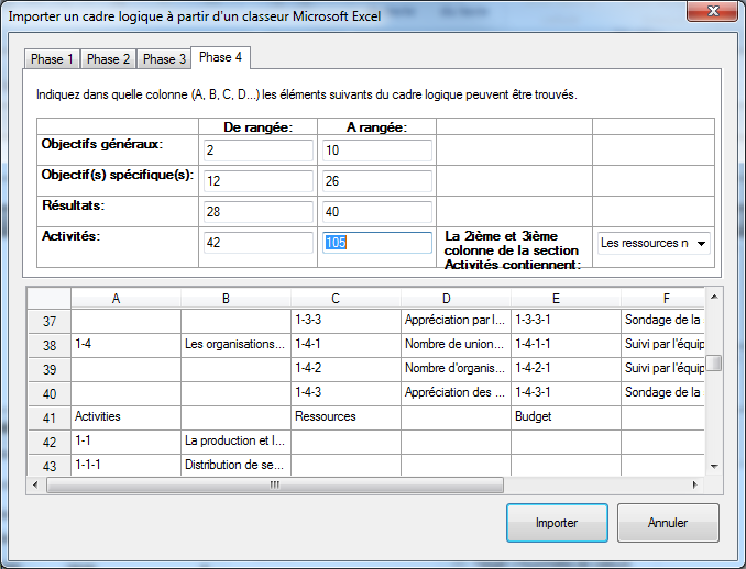 Importer un cadre logique d'un document Excel - phase 4