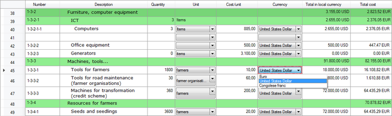 Selecting a currency for the cost per unit