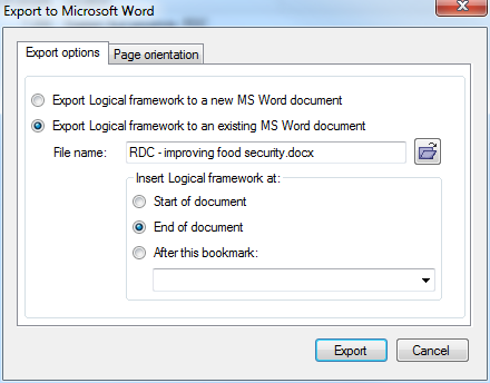 Exporting the logframe to the end of a Word document