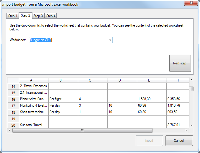 Import budget from Excel - step 2