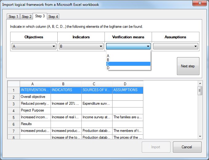 Import logframe from Excel - step 3