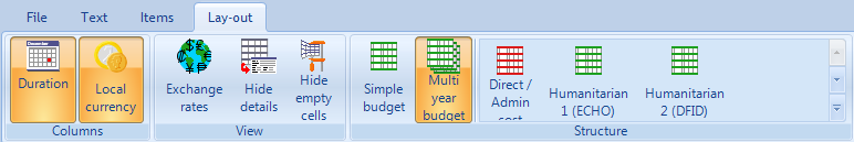 Budget lay-out toolbar with overview of budget templates