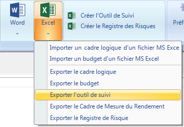 Le bouton exporter vers Excel dans la barre d'outils Fichier