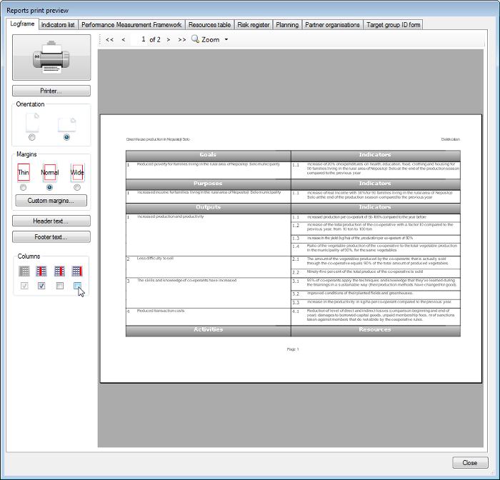 Print preview of a logical framework with two columns