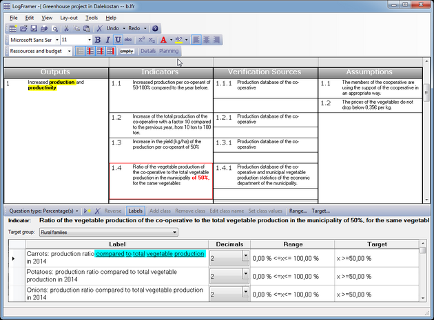 Example of rich text in the logframe and the indicator detail window